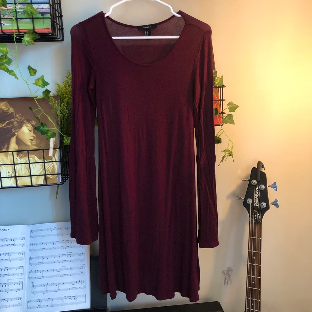 Maroon TShirt Dress with Flared Sleeves